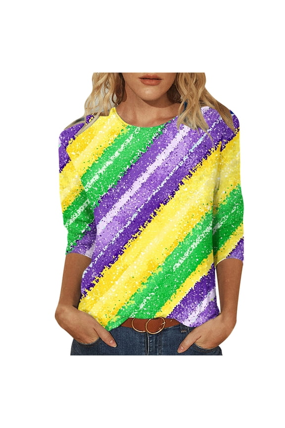 Womens 3/4 Length Sleeve T Shirts Carnival Pullover Tops Bling Glitter Crewneck Tunic Loose Holiday Blouses