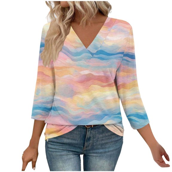 qelini Womens 3/4 Length Sleeve T Shirts Cute Printed Pullover Tops Lightweight V Neck Tunic Loose Casual Blouses