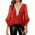 thumbnail image 1 of qelini Womens 3/4 Sleeve T Shirts Ruffle Basic Pullover Tops Solid Mesh V Neck Tunic Evening Party Blouses, 1 of 8
