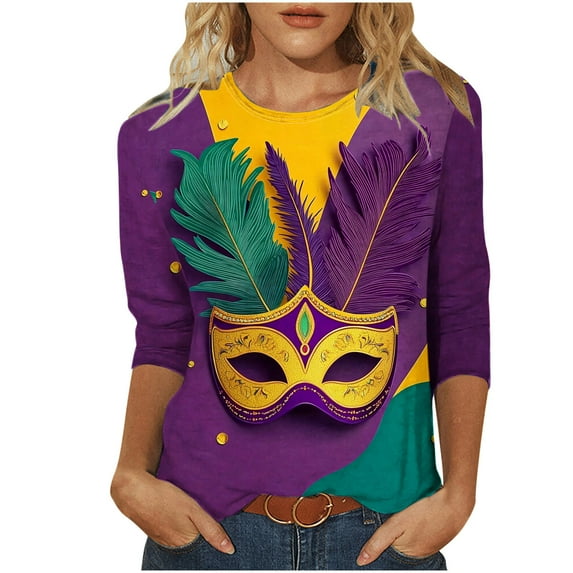 qelini Womens 3/4 Sleeve Tops Carnival Vintage Masks Print Pullover Basic Tee Crewneck Tunic Trendy Holiday Blouses