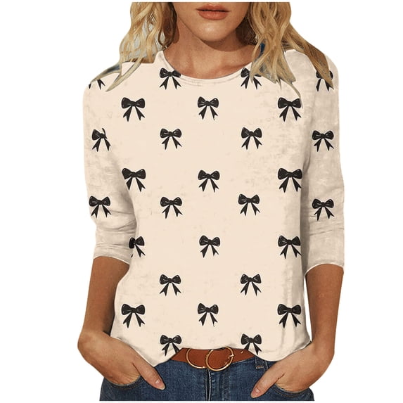 qelini Womens 3/4 Sleeve Tops Plus Size Bow Printed Pullover Basic Tee Crewneck Tunic Loose Casual Blouses
