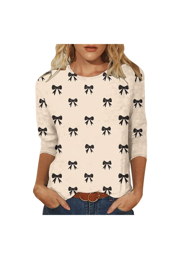 Womens 3/4 Sleeve Tops Plus Size Bow Printed Pullover Basic Tee Crewneck Tunic Loose Casual Blouses