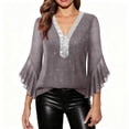 thumbnail image 1 of qelini Womens 3/4 Sleeve T Shirts Ruffle Basic Pullover Tops Solid Mesh V Neck Tunic Evening Party Blouses, 1 of 8
