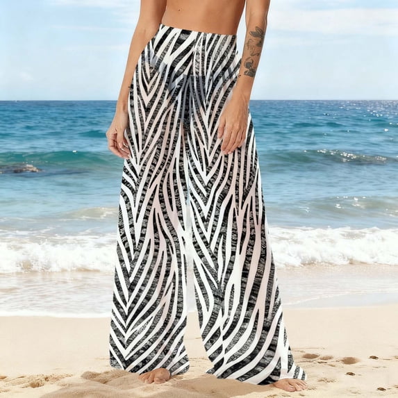 qelini Womens Bohemian Pants High Waist Chiffon Swimsuit Cover Up Summer Beach Print Casual Pants