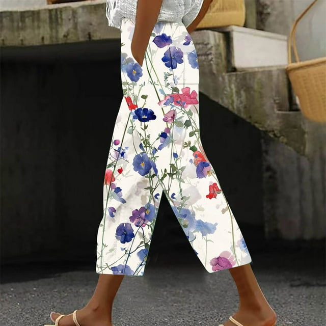qelini Womens Capris with Pockets and Drawstring Labor Day Basic Edition Capris Stretch Pull On Printing Plus Size 2024 Summer Fall Fashion Lightweight Breathable White L