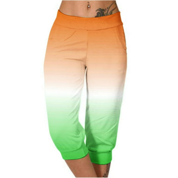 qelini Womens Capris Pull on Pants Basic Edition Plus Size Summer Gathering Gradient Printing Elastic Waist Breathable Loose Casual Lightweight 2024 Fashion Cropped Trousers Pants Green XL