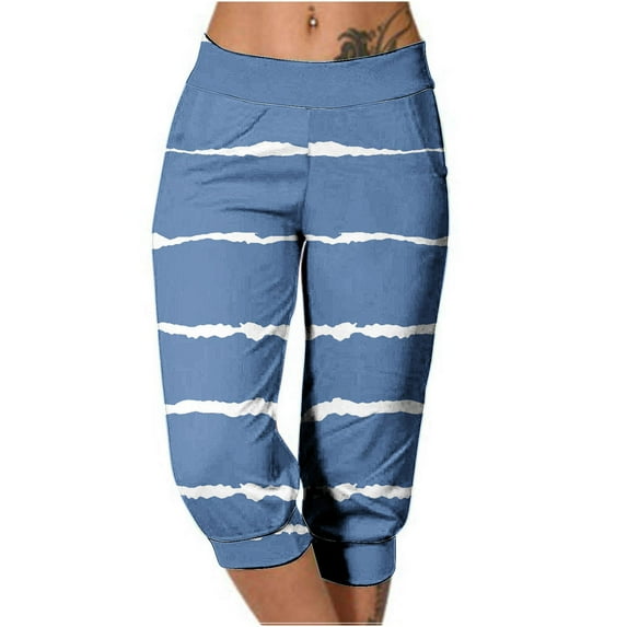 qelini Womens Capris Pull on Pants Basic Edition Plus Size Summer Gathering Stripe Print Elastic Waist Breathable Loose Casual Lightweight 2024 Fashion Cropped Trousers Pants Blue L