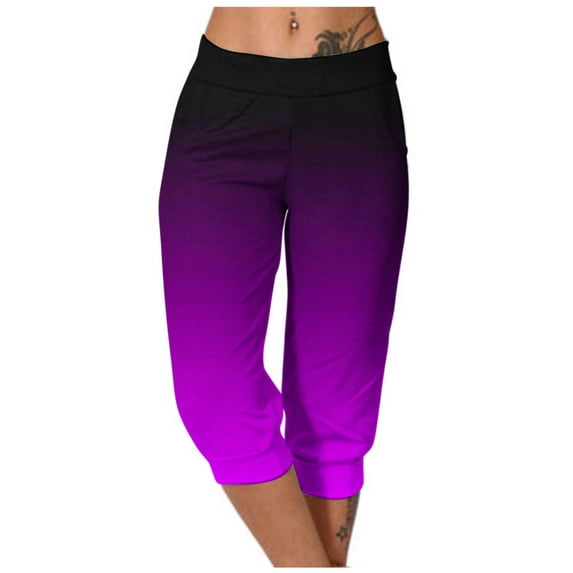 qelini Womens Capris Pull on Pants Basic Edition Plus Size Summer Gathering Gradient Printing Elastic Waist Breathable Loose Casual Lightweight Fashion Cropped Trousers Pants Purple 3XL