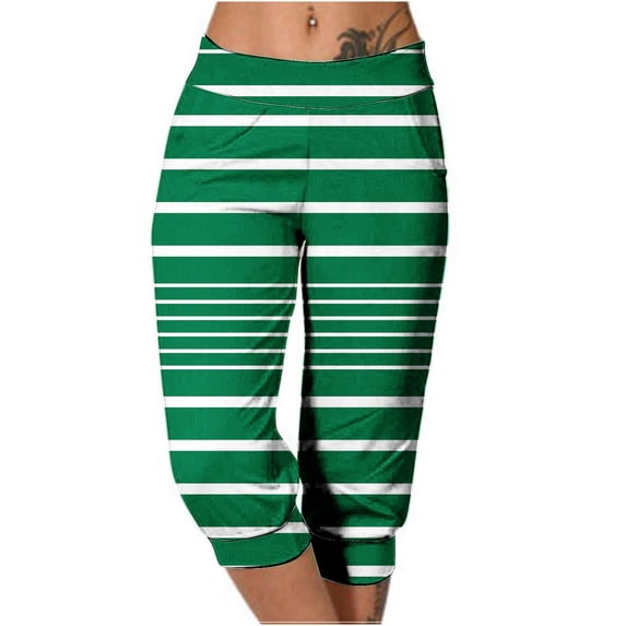 qelini Womens Capris Pull on Pants Basic Edition Plus Size Summer Gathering Stripe Print Elastic Waist Breathable Loose Casual Lightweight Fashion Cropped Trousers Pants Green L