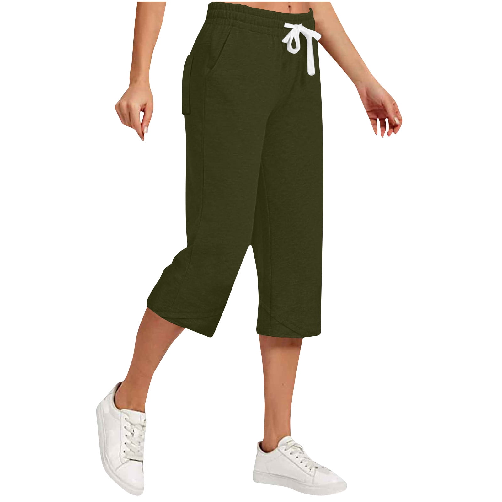 qelini Womens Capris Pull on Pants Basic Edition front Pockets Drawstring Labor Day Cotton Linen Capri Pants Straight Leg Solid Color Versatile Plus Size 2024 Lightweight Breathable Army Green L Walma...