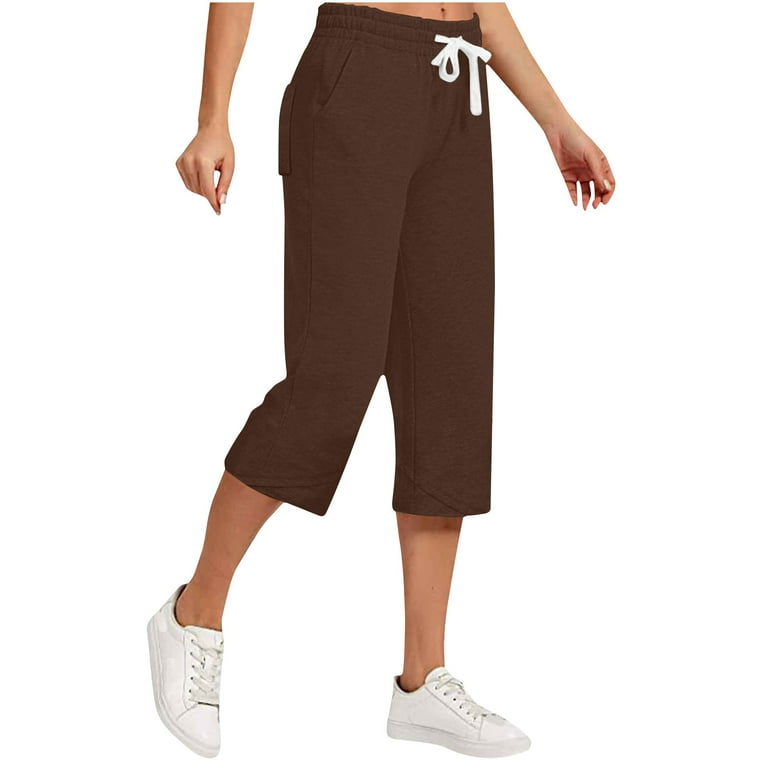 qelini Womens Capris Pull on Pants Basic Edition front Pockets Drawstring Labor Day Cotton Linen Capri Pants Straight Leg Solid Color Versatile Plus Size Fashion Lightweight Breathable Brown 2XL Walma...