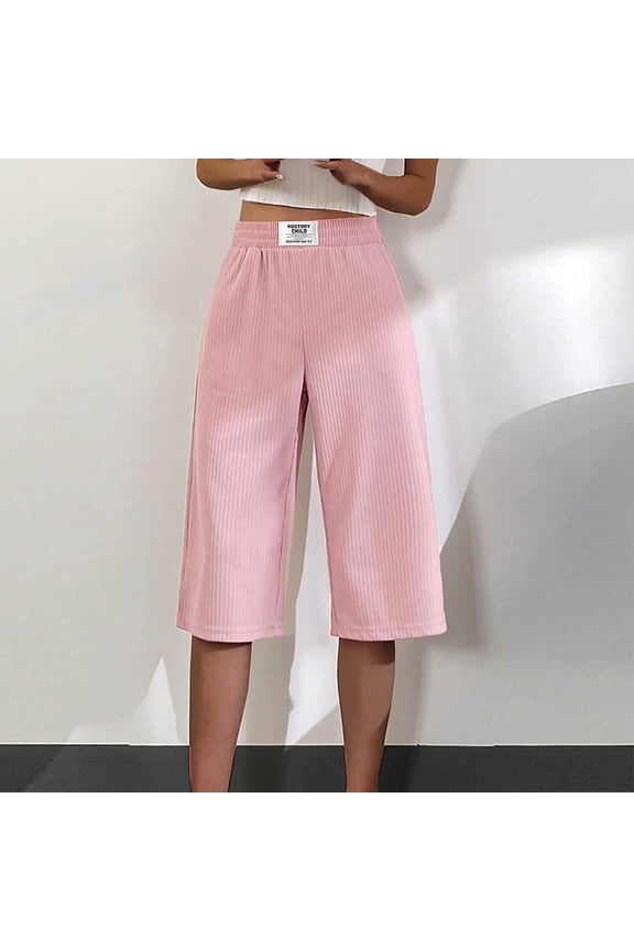 Womens Capris Pull on Pants Basic Edition front Pockets Labor Day Straight Leg Trouse Pants Solid Color High Elastic Waisted Plus Size Fashion Lightweight and Pink L