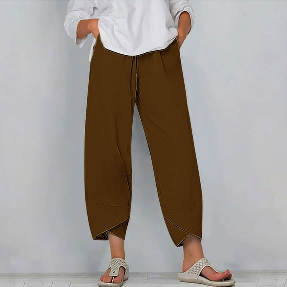 qelini Womens Capris Pull on Pants Basic Edition front Pockets Labor Day Straight Leg Trouse Pants Solid Color Loose Comfy Plus Size Fashion Lightweight Breathable Khaki M