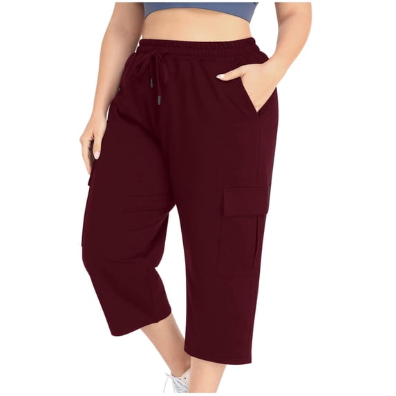 qelini Womens Capris Pull on Pants Basic Edition front Pockets Summer Gathering Solid Color Elastic Waist Drawstring Breathable Loose Casual 2024 Fashion Cotton Linen Cropped Trousers Wine 3XL