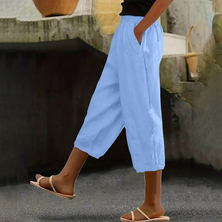 qelini Womens Capris Pull on Pants Basic Edition front Pockets Summer Gathering Solid Color Elastic Waist Breathable Loose Casual Lightweight 2024 Fashion Cotton Linen Cropped Trousers Blue L Walmart....