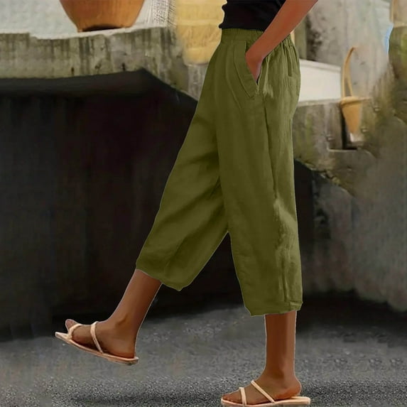 qelini Womens Capris Pull on Pants Basic Edition front Pockets Summer Gathering Solid Color Elastic Waist Breathable Loose Casual Lightweight 2024 Fashion Cotton Linen Cropped Trousers Green 2XL