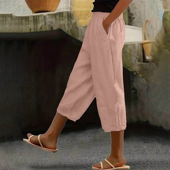 qelini Womens Capris Pull on Pants Basic Edition front Pockets Summer Gathering Solid Color Elastic Waist Breathable Loose Casual Lightweight Fashion Cotton Linen Cropped Trousers Pink L