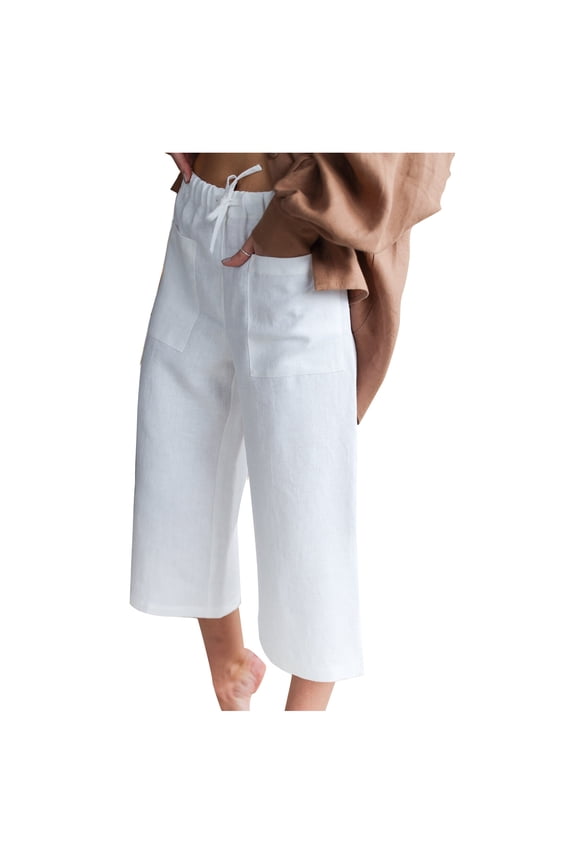 Womens Capris Pull on Pants Basic Edition front Pockets Summer Gathering Solid Color Elastic Waist Drawstring Breathable Loose Casual Fashion Cotton Linen Cropped Trousers White XL