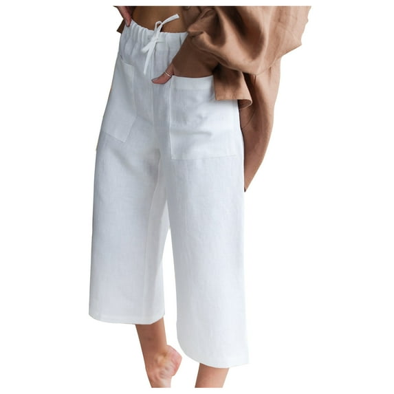 qelini Womens Capris Pull on Pants Basic Edition front Pockets Summer Gathering Solid Color Elastic Waist Drawstring Breathable Loose Casual Fashion Cotton Linen Cropped Trousers White XL