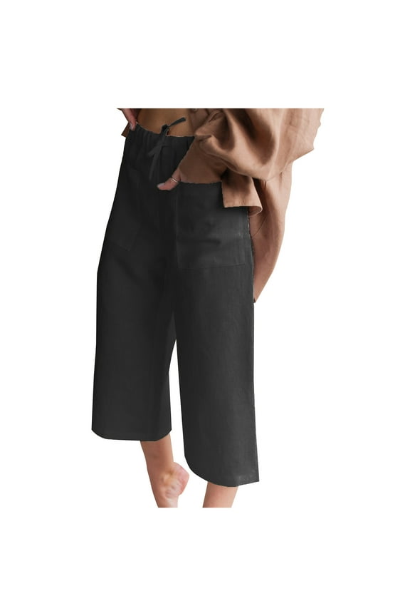 Womens Capris Pull on Pants Basic Edition front Pockets Summer Gathering Solid Color Elastic Waist Drawstring Breathable Loose Casual Fashion Cotton Linen Cropped Trousers Black L