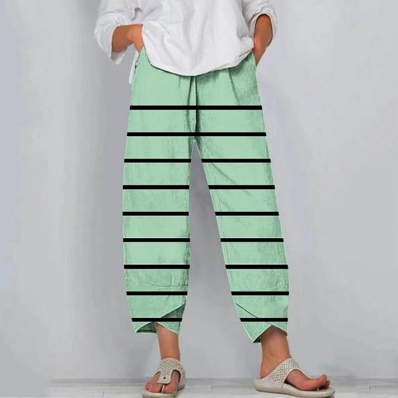qelini Womens Capris Pull on Pants Basic Edition front Pockets Summer Gathering Solid Color Breathable Elastic Waist Drawstring Loose Casual 2024 Fashion Cotton Linen Cropped Trousers Mint Green 3XL