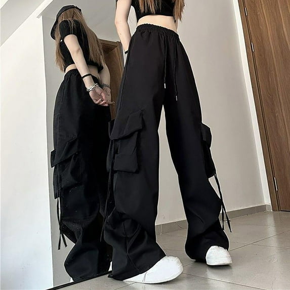 qelini Womens Cargo Pants Plus Size Trousers Pockets Elastic Waist Solid Color Jogger Pants Full Length Pants