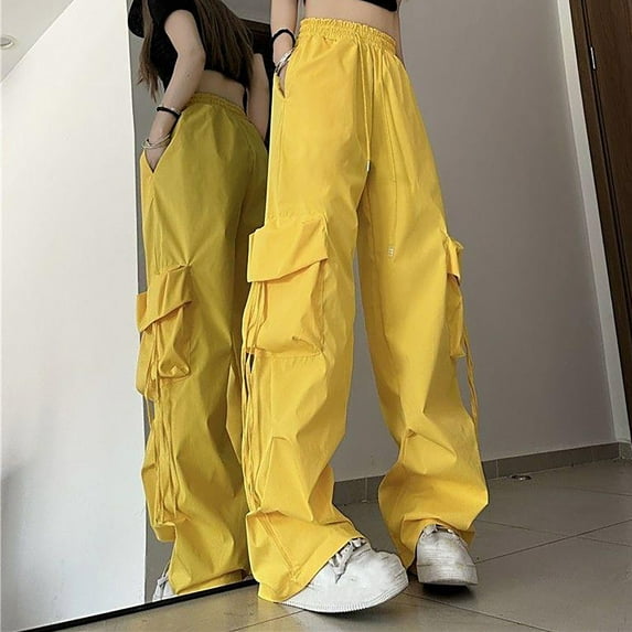 qelini Womens Cargo Pants Plus Size Trousers Pockets Elastic Waist Solid Color Jogger Pants Full Length Pants