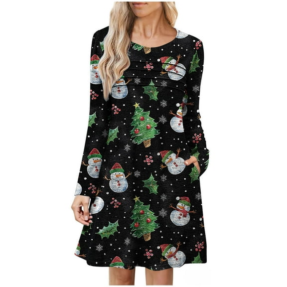 qelini Womens Christmas Dresses Long Sleeve Xmas Trees Print Crewneck Pleated Dress Holiday Party Dresses with Pockets
