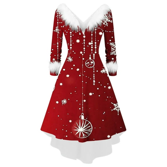 qelini Womens Christmas Dresses Plus Size Long Sleeve Snowflake Print Furry V Neck A Line Dress Holiday Party Dresses