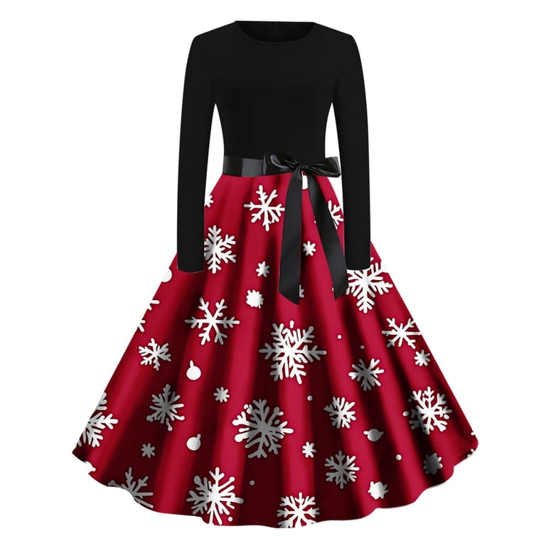 Riecok Womens Christmas Dresses Round Neck Long Sleeve Snowflake Printed 1950s Vintage Cocktail Swing Dress Red M, Women's, Size: Medium