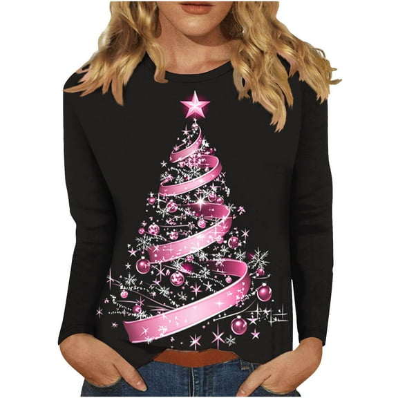 qelini Womens Christmas Shirts Long Sleeve Crewneck Pullover Lightweight Xmas Tree Print Tops Baggy Holiday Clothes