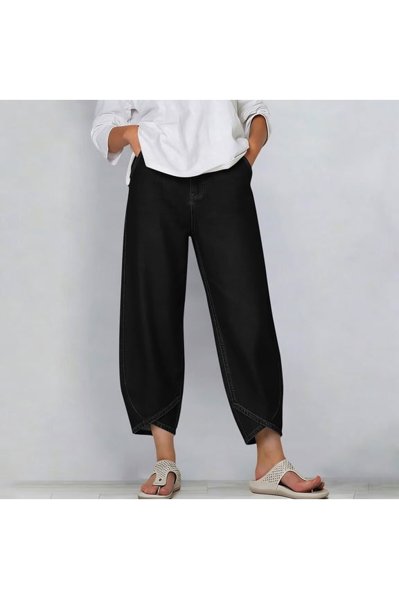 Womens Cropped Jeans Scalloped Hem with Pocket Loose Fit Faux Denim Pants Solid Color Capri Pants