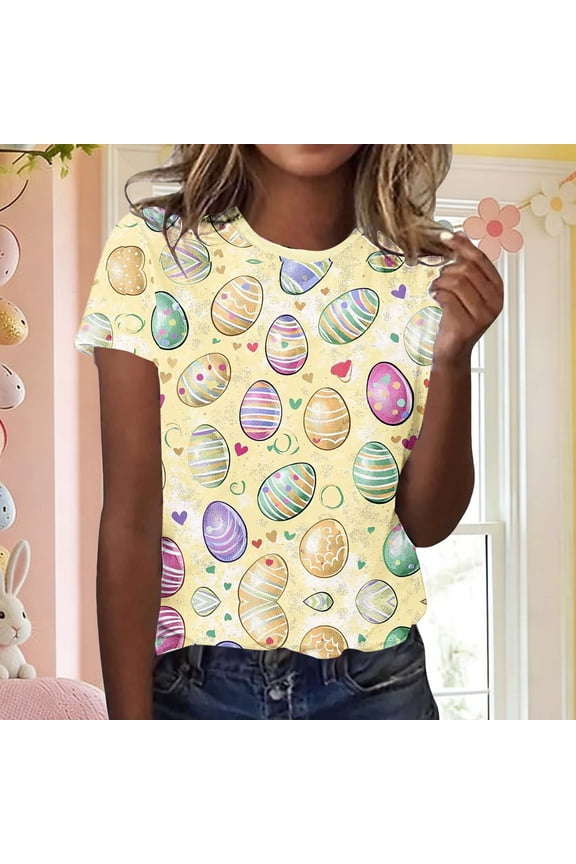 Womens Easter Shirts Crew Neck 3/4 Sleeve Blouse Bunny Print Casual Athletic Top with Vintage Graphic Spring