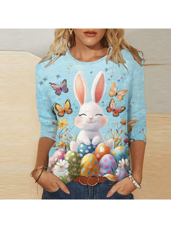 Womens Easter Tops Crew Neck 3/4 Sleeve T-Shirt Bunny Print Casual Athletic Top with Vintage Graphic