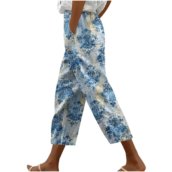 qelini Womens Harem Pants Plus Size Capris Pants Drawstring Waist Print Ankle Pants Casual Daily Wear