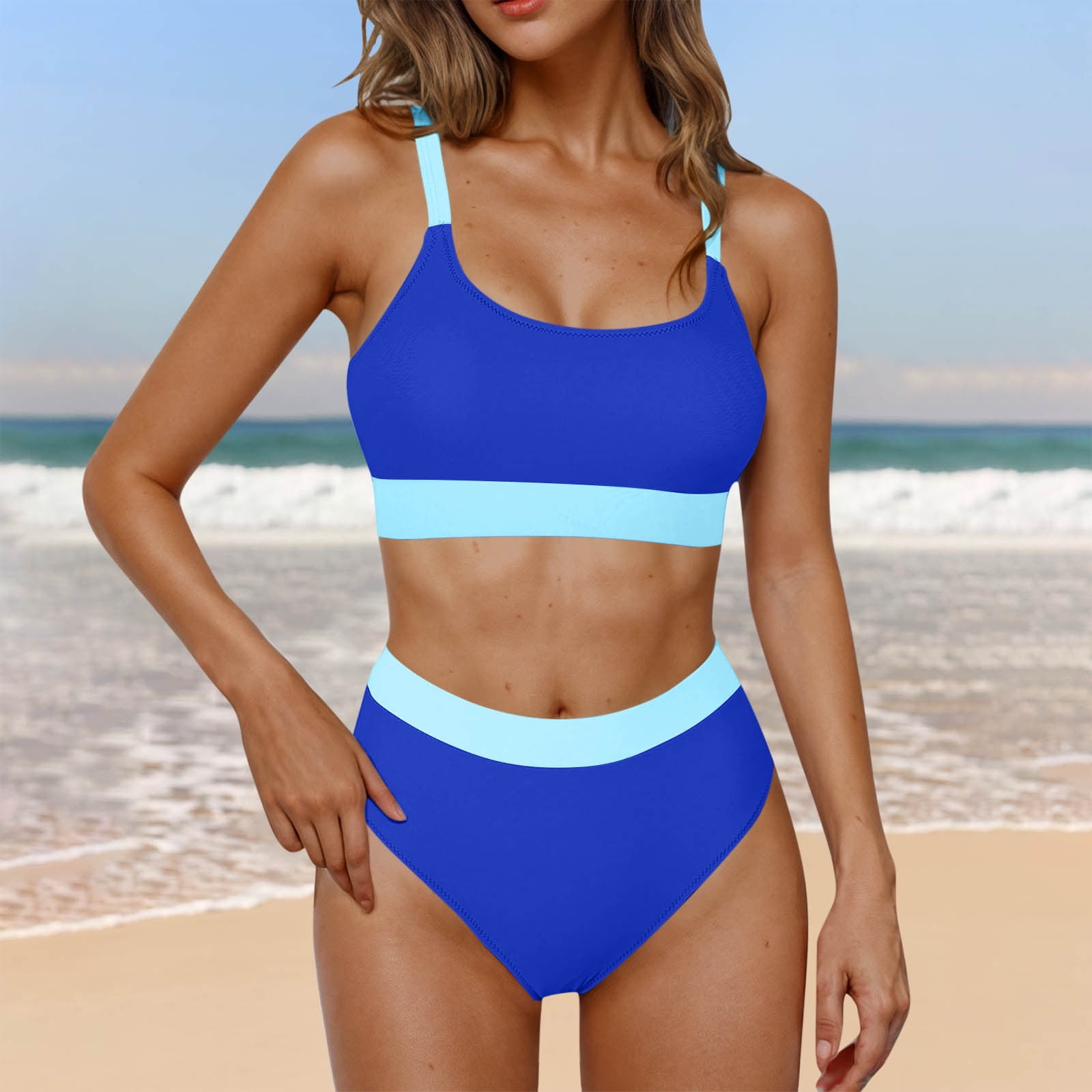 Womens High Waisted Bikini Two Piece Bikini Sets Solid Color Bathing Suits Summer Swimwear