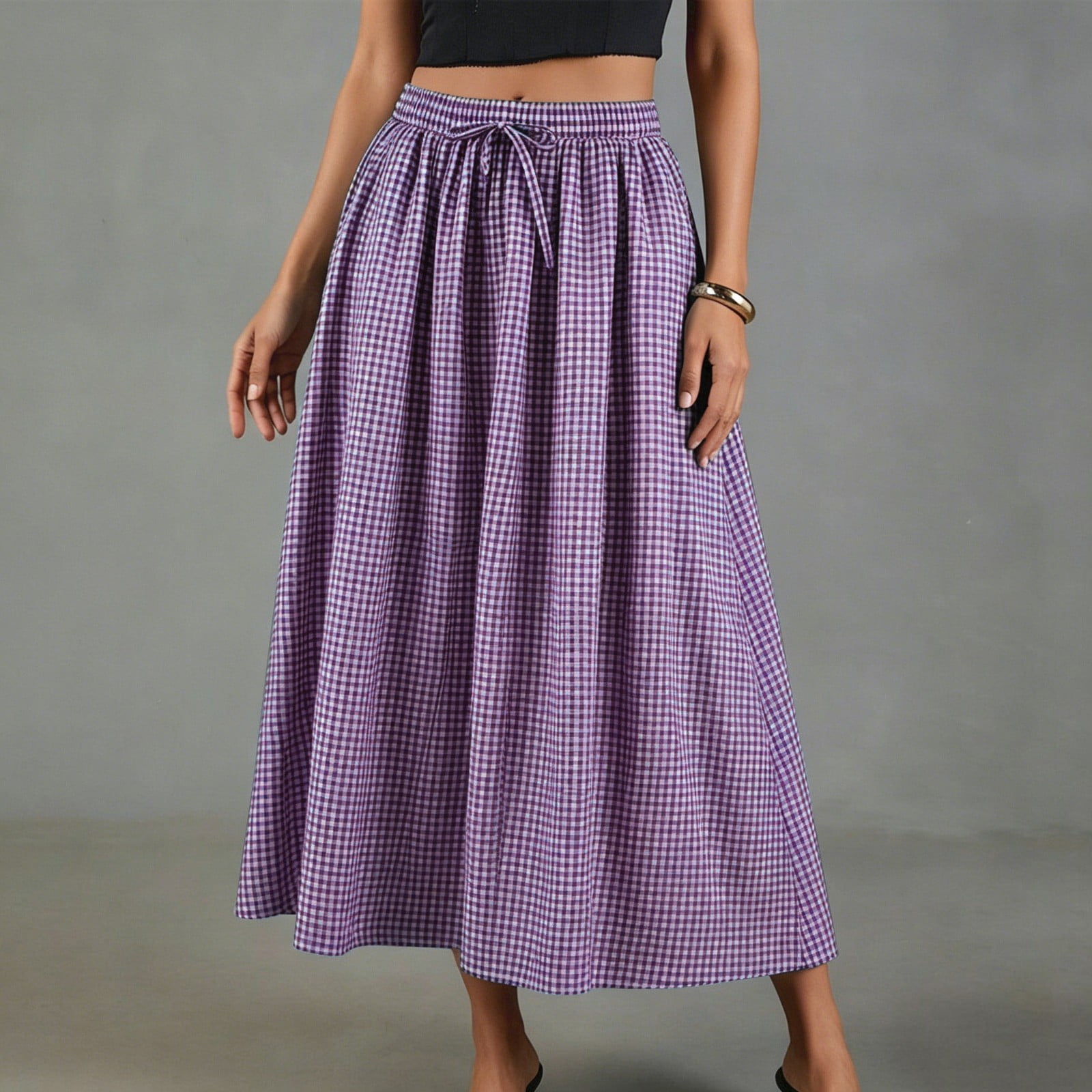 qelini Womens Linen Midi Skirt Loose Mid-Length Skirt Elastic