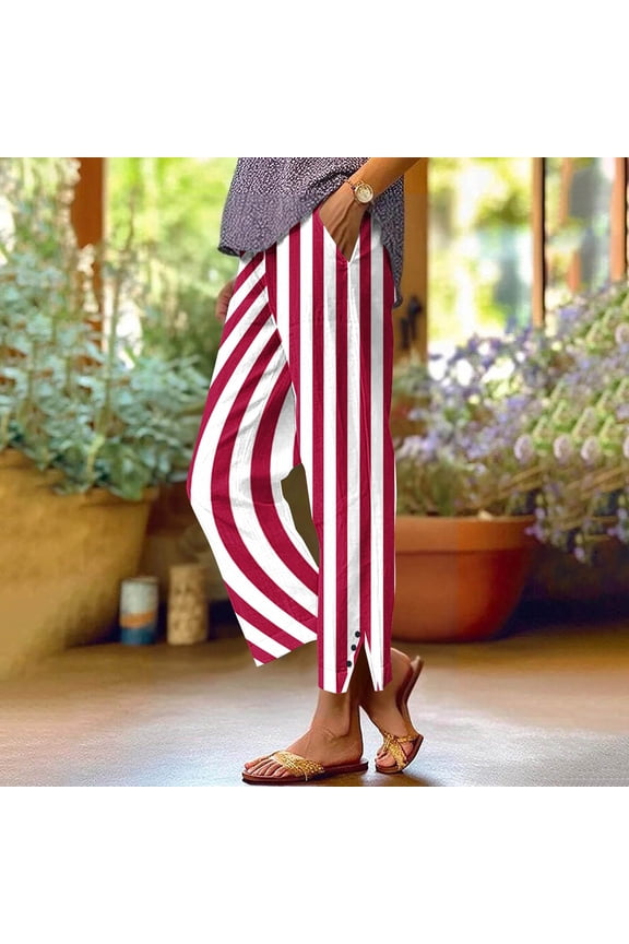 Womens Linen Pants with Pockets Elastic Waist Striped Long Pants Straight Leg Side Slit Buttons Cloths