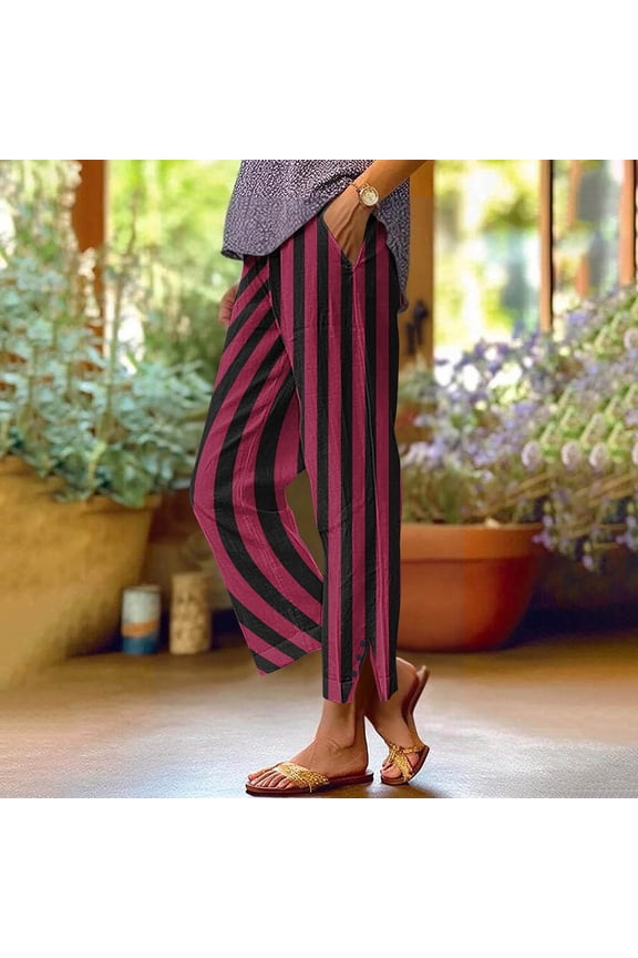 Womens Linen Pants with Pockets Elastic Waist Striped Long Pants Straight Leg Side Slit Buttons Cloths