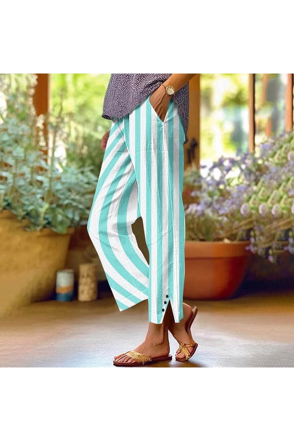 Womens Linen Pants with Pockets Elastic Waist Striped Long Pants Straight Leg Side Slit Buttons Cloths
