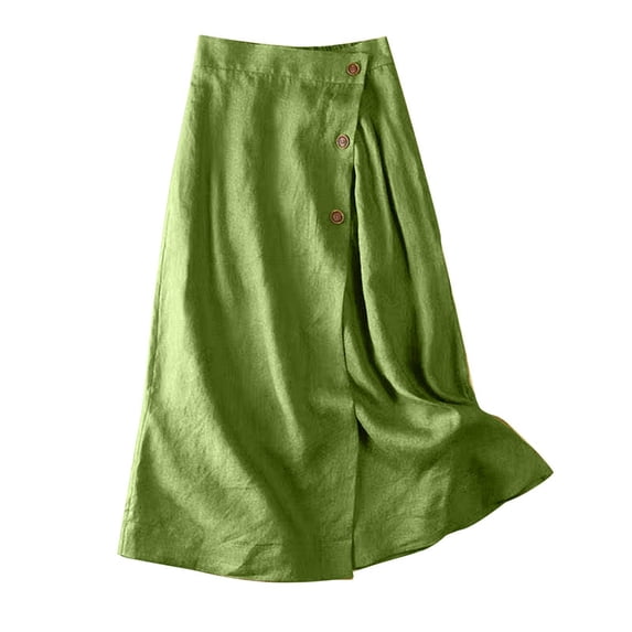 qelini Womens Linen Skirt Pocket Loose Long Skirt High Waist Straight Skirt Botton Solid Color Summer Skirt