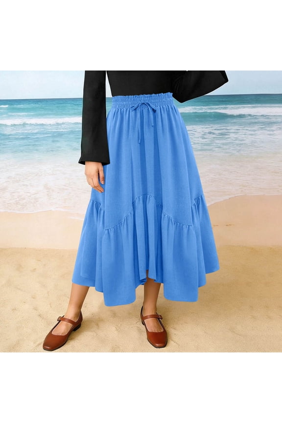 Womens Long Maxi Skirts Drawstring Waist Long Skirt Elastic Waist Flutter Skirt Asymmetrical Solid Color Skirt