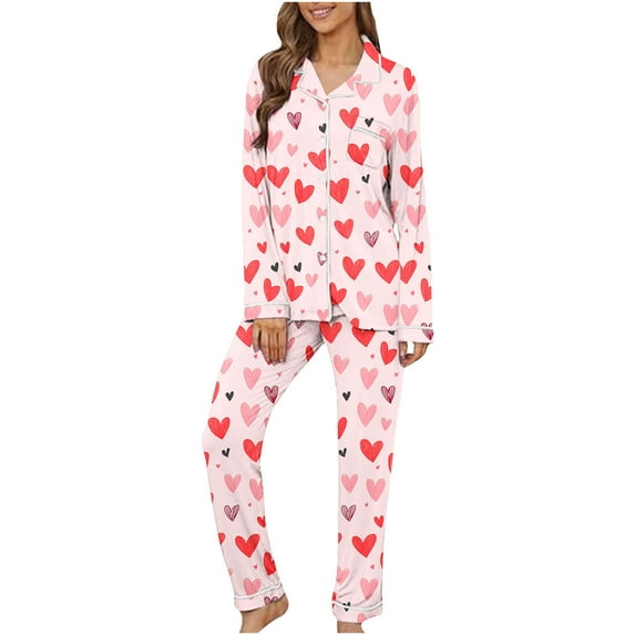 qelini Womens Pajama Set 2 Piece Valentine's Day Heart Print Long Sleeve Shirt and Pant with Pocket Soft Holiday Sleepwear