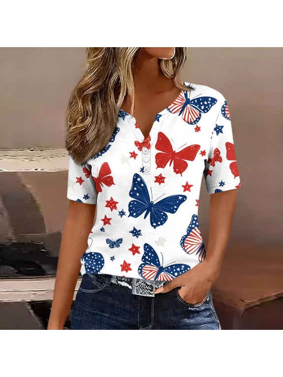 Womens Patriotic Shirts USA Plus Size Button Shirt V Neck 3/4 Sleeve Shirt Vest Pocket 4th of July Print Cloths