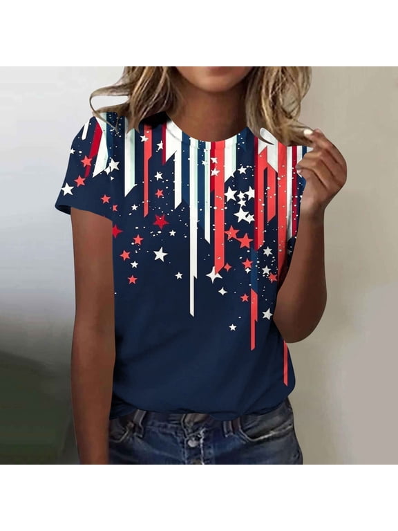 Womens Patriotic Shirts USA Plus Size Shirt Crewneck Short Sleeve Tee USA 250th Anniversary Print Cloths