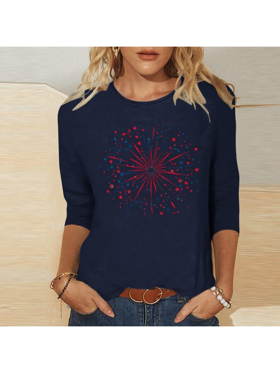 Womens Patriotic Shirts USA Plus Size Tee Crewneck 3/4 Sleeve Shirt Vest 4th of July Print Cloths