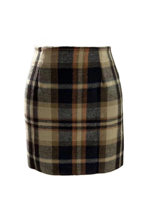 Womens Plaid Skirt High Waist Mini Skirt Elastic Waist Wrap Skirt Wool Color Block Pencil Skirt