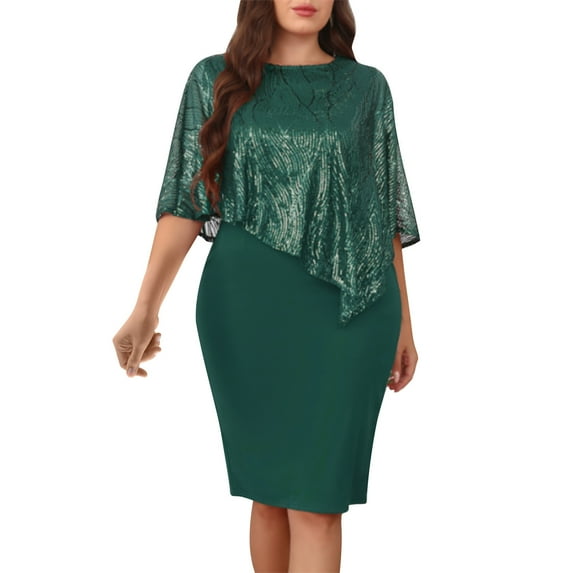 qelini Womens Plus Size Lace Dress Spring Short Sleeve Round Neck Cape A Line Dresses Elegant Evening Party Wedding Guest Solid Color Pencil Dress Green XXXXXL