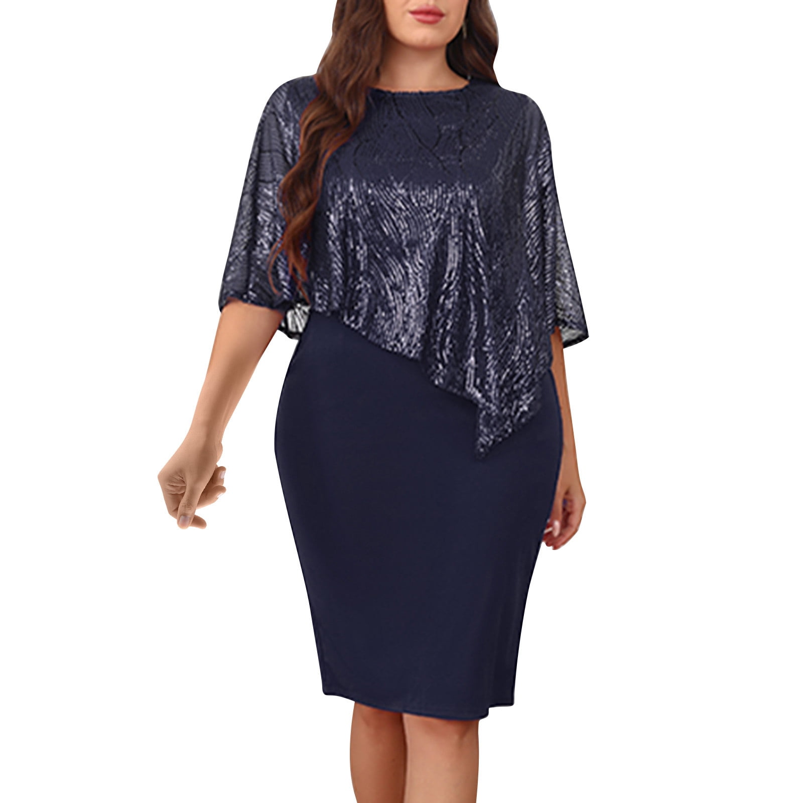 qelini Womens Plus Size Lace Dress Spring Short Sleeve Round Neck Cape A Line  Dresses Elegant Evening Party Wedding Guest Solid Color Pencil Dress Navy  XXXXXL - Walmart.com
