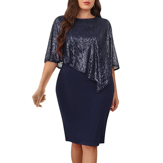 qelini Womens Plus Size Lace Dress Spring Short Sleeve Round Neck Cape A Line Dresses Elegant Evening Party Wedding Guest Solid Color Pencil Dress Navy L